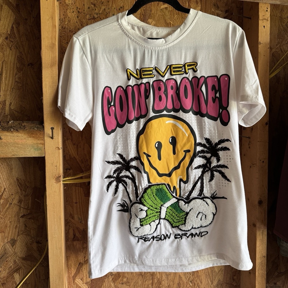 NEW Reason Brand Smiley‎ Graphic Tee Chenille Embroidered Hip Hop Streetwear S